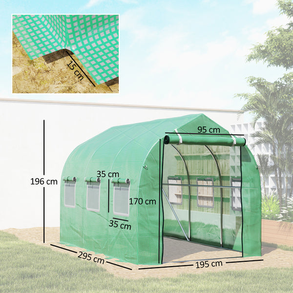 Serre de jardin tunnel, serres tunnel 6 m², avec 6 fenêtres et porte à fermeture éclair, toile PE structure en fer galvanisé, vert