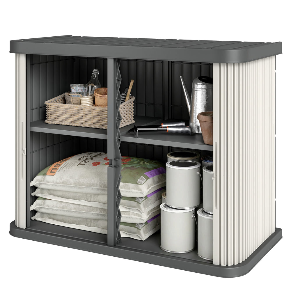 Coffre de Rangement Extérieur 480 L, 2 Niveaux avec Portes Coulissantes, Boîte de Jardin Résistant aux UV, pour Jardin Terrasse, 120,5x59,5x92cm, Marron Clair