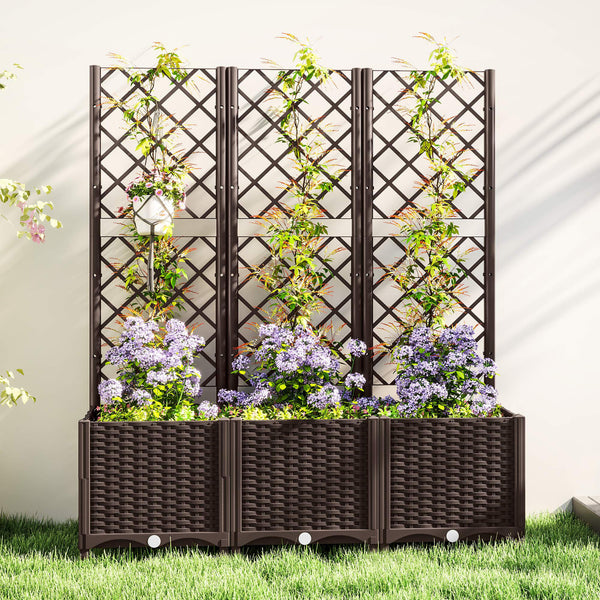 Jardinière avec treillis, lit surélevé de jardin, jardinière extérieure avec 8 trous de drainage, réservoirs d'eau, bac à fleurs pour balcon terrasse patio, 120 x 40 x 135 cm, marron