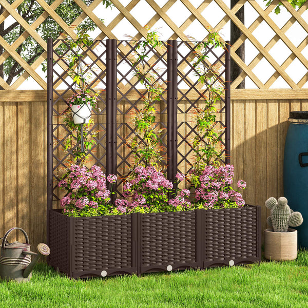 Jardinière avec treillis, lit surélevé de jardin, jardinière extérieure avec 8 trous de drainage, réservoirs d'eau, bac à fleurs pour balcon terrasse patio, 120 x 40 x 135 cm, marron