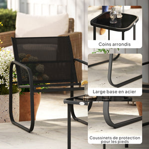 Ensemble bistrot de jardin 3 pièces, salon de jardin extérieur 2 personnes avec 2 chaises en maille et table basse en verre trempé, mobilier de jardin, terrasse, balcon, véranda, noir