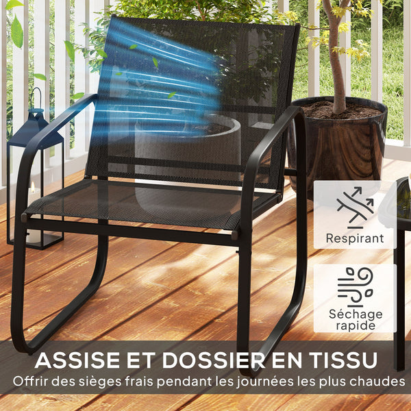 Ensemble bistrot de jardin 3 pièces, salon de jardin extérieur 2 personnes avec 2 chaises en maille et table basse en verre trempé, mobilier de jardin, terrasse, balcon, véranda, noir