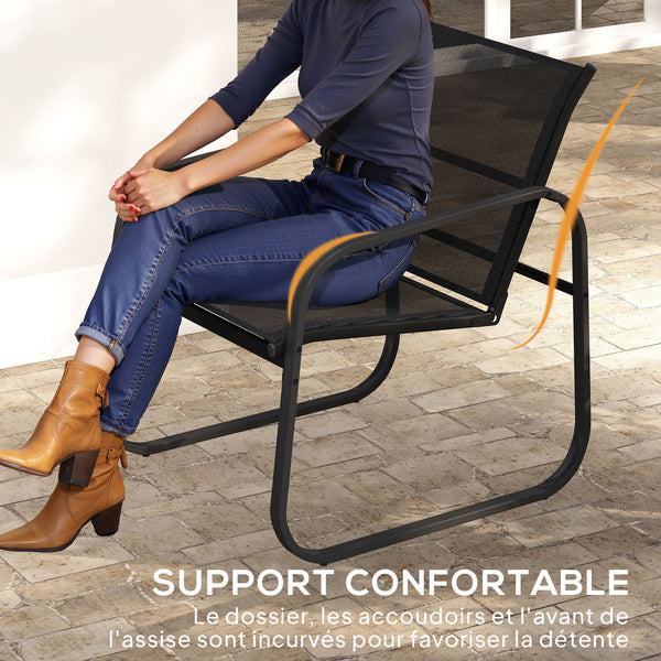 Ensemble bistrot de jardin 3 pièces, salon de jardin extérieur 2 personnes avec 2 chaises en maille et table basse en verre trempé, mobilier de jardin, terrasse, balcon, véranda, noir