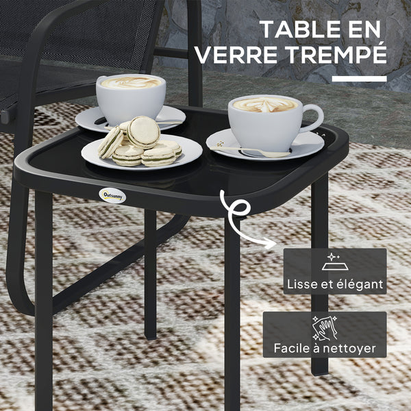 Ensemble bistrot de jardin 3 pièces, salon de jardin extérieur 2 personnes avec 2 chaises en maille et table basse en verre trempé, mobilier de jardin, terrasse, balcon, véranda, noir