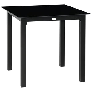 Table de jardin carrée table de salle à manger extérieur pour 4 personnes avec plateau en verre trempé et cadre en aluminium 80 x 80 x 74 cm noir