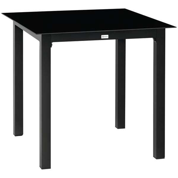 Table de jardin carrée table de salle à manger extérieur pour 4 personnes avec plateau en verre trempé et cadre en aluminium 80 x 80 x 74 cm noir
