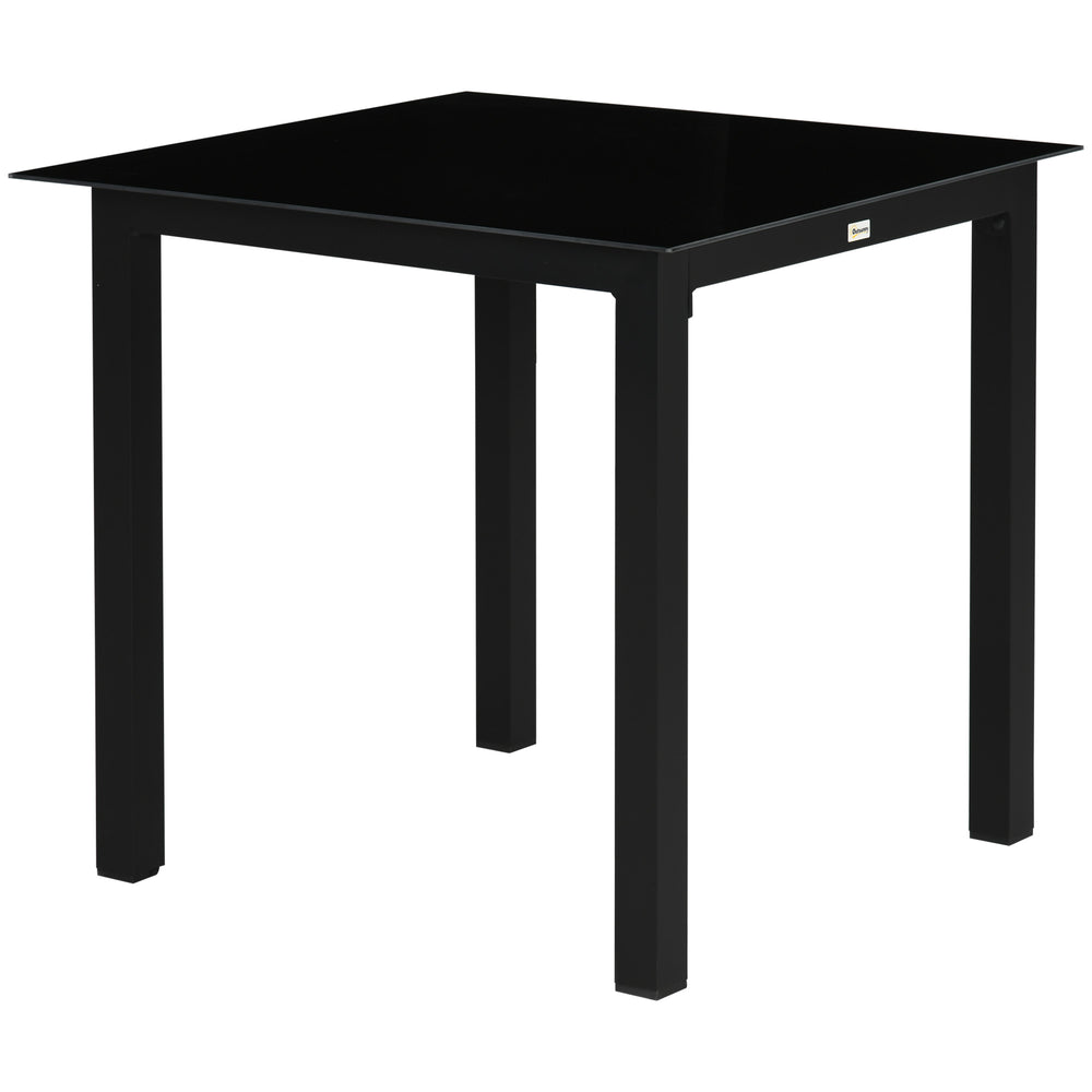 Table de jardin carrée table de salle à manger extérieur pour 4 personnes avec plateau en verre trempé et cadre en aluminium 80 x 80 x 74 cm noir