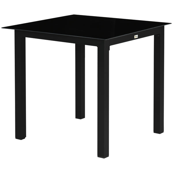 Table de jardin carrée table de salle à manger extérieur pour 4 personnes avec plateau en verre trempé et cadre en aluminium 80 x 80 x 74 cm noir