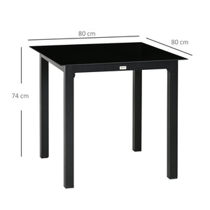 Table de jardin carrée table de salle à manger extérieur pour 4 personnes avec plateau en verre trempé et cadre en aluminium 80 x 80 x 74 cm noir