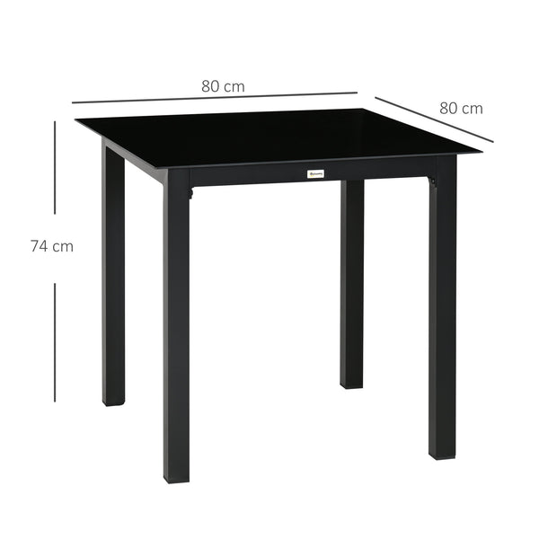 Table de jardin carrée table de salle à manger extérieur pour 4 personnes avec plateau en verre trempé et cadre en aluminium 80 x 80 x 74 cm noir
