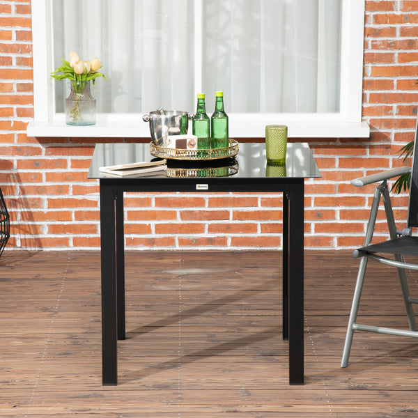 Table de jardin carrée table de salle à manger extérieur pour 4 personnes avec plateau en verre trempé et cadre en aluminium 80 x 80 x 74 cm noir