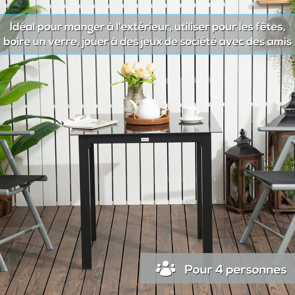 Table de jardin carrée table de salle à manger extérieur pour 4 personnes avec plateau en verre trempé et cadre en aluminium 80 x 80 x 74 cm noir