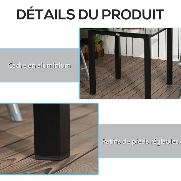 Table de jardin carrée table de salle à manger extérieur pour 4 personnes avec plateau en verre trempé et cadre en aluminium 80 x 80 x 74 cm noir