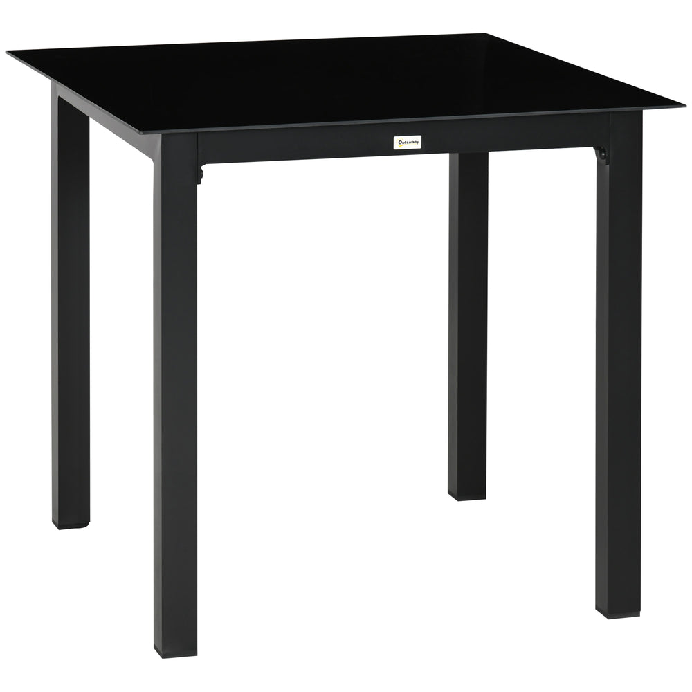 Table de jardin carrée table de salle à manger extérieur pour 4 personnes avec plateau en verre trempé et cadre en aluminium 80 x 80 x 74 cm noir
