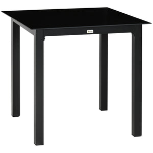 Table de jardin carrée table de salle à manger extérieur pour 4 personnes avec plateau en verre trempé et cadre en aluminium 80 x 80 x 74 cm noir