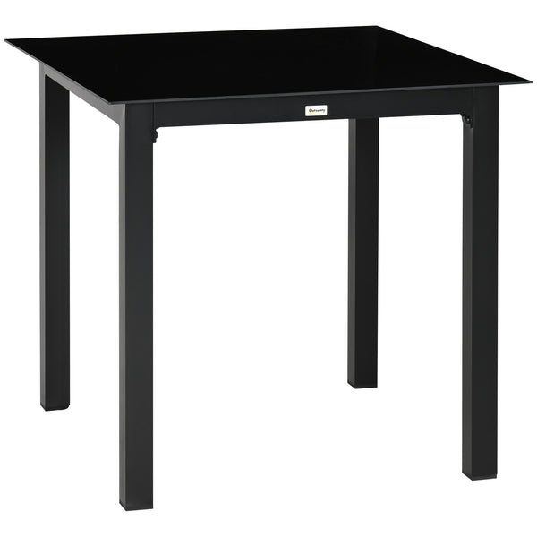 Table de jardin carrée table de salle à manger extérieur pour 4 personnes avec plateau en verre trempé et cadre en aluminium 80 x 80 x 74 cm noir