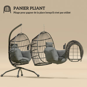 Fauteuil suspendu, fauteuil oeuf suspendu panier pliable, chaise hamac balançoire, avec coussin rembourré, oreiller, porte-gobelet, pour intérieur et extérieur, gris foncé
