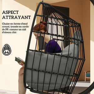 Fauteuil suspendu, fauteuil oeuf suspendu panier pliable, chaise hamac balançoire, avec coussin rembourré, oreiller, porte-gobelet, pour intérieur et extérieur, gris foncé