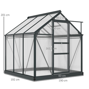 Serre de jardin polycarbonate 3,65 m² serre en aluminium pour le jardin 190 x 192 x 201 cm résistant aux UV, avec fondation renforcé, gouttière, lucarne et porte coulissant, Gris