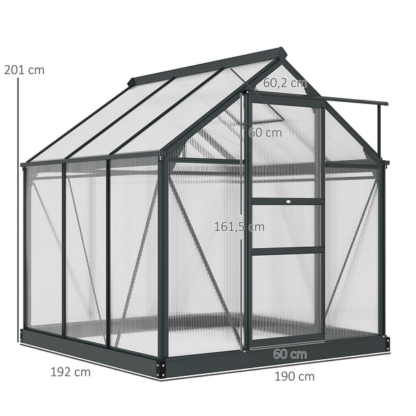 Serre de jardin polycarbonate 3,65 m² serre en aluminium pour le jardin 190 x 192 x 201 cm résistant aux UV, avec fondation renforcé, gouttière, lucarne et porte coulissant, Gris