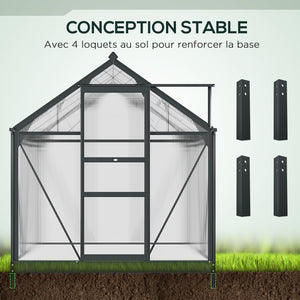Serre de jardin polycarbonate 3,65 m² serre en aluminium pour le jardin 190 x 192 x 201 cm résistant aux UV, avec fondation renforcé, gouttière, lucarne et porte coulissant, Gris