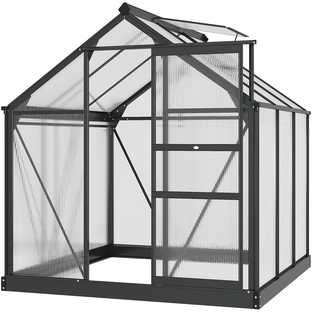 Serre de jardin polycarbonate 3,65 m² serre en aluminium pour le jardin 190 x 192 x 201 cm résistant aux UV, avec fondation renforcé, gouttière, lucarne et porte coulissant, Gris