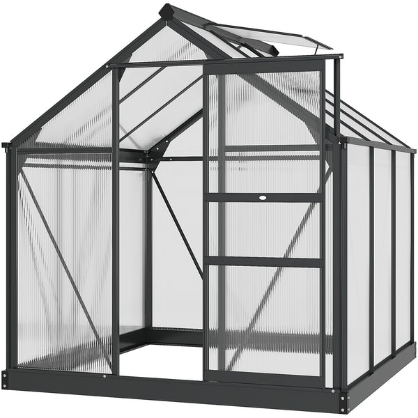 Serre de jardin polycarbonate 3,65 m² serre en aluminium pour le jardin 190 x 192 x 201 cm résistant aux UV, avec fondation renforcé, gouttière, lucarne et porte coulissant, Gris