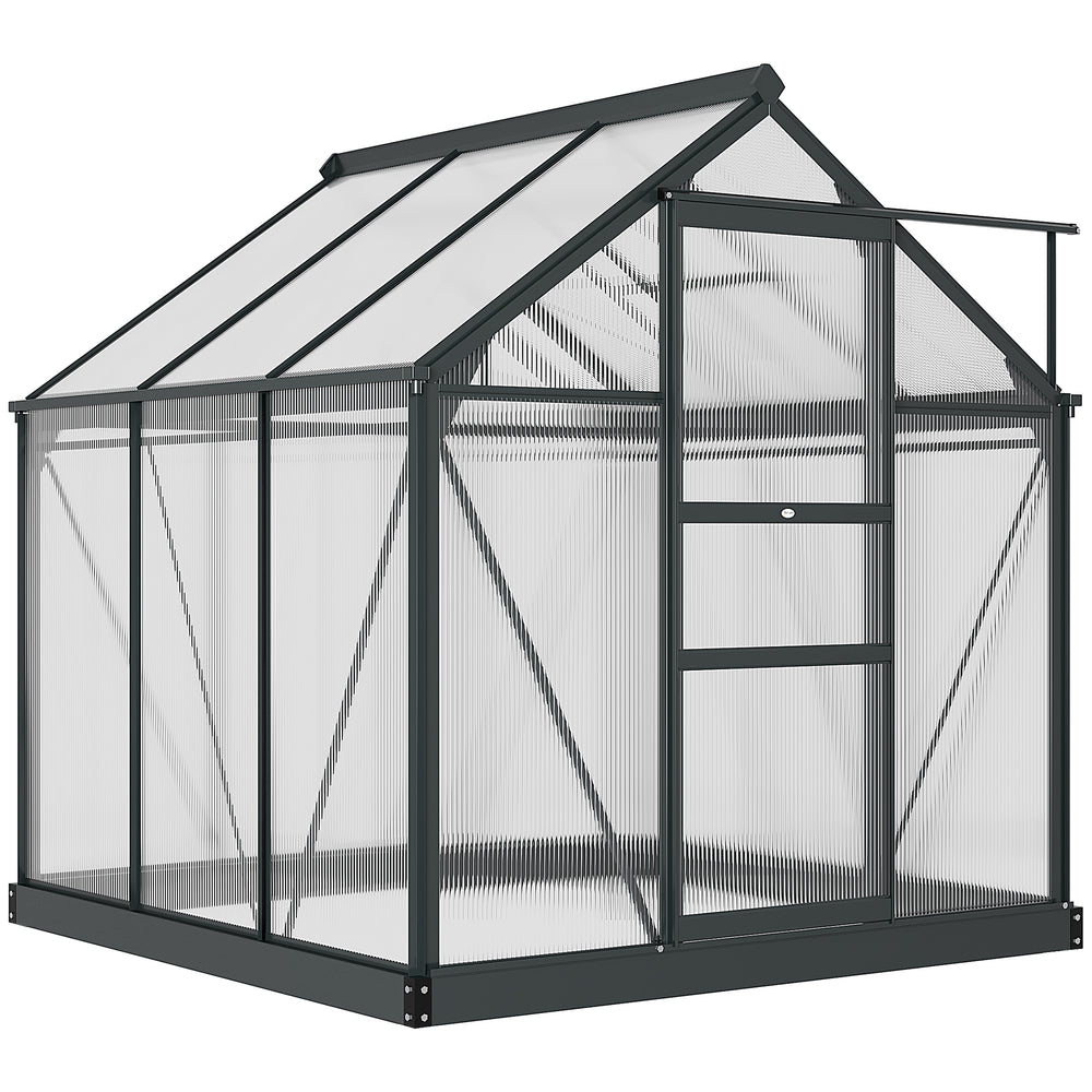 Serre de jardin polycarbonate 3,65 m² serre en aluminium pour le jardin 190 x 192 x 201 cm résistant aux UV, avec fondation renforcé, gouttière, lucarne et porte coulissant, Gris