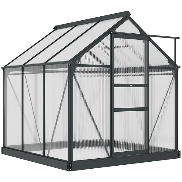 Serre de jardin polycarbonate 3,65 m² serre en aluminium pour le jardin 190 x 192 x 201 cm résistant aux UV, avec fondation renforcé, gouttière, lucarne et porte coulissant, Gris