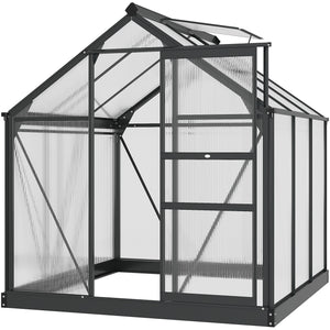 Serre de jardin polycarbonate 3,65 m² serre en aluminium pour le jardin 190 x 192 x 201 cm résistant aux UV, avec fondation renforcé, gouttière, lucarne et porte coulissant, Gris