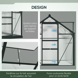 Serre de jardin polycarbonate 3,65 m² serre en aluminium pour le jardin 190 x 192 x 201 cm résistant aux UV, avec fondation renforcé, gouttière, lucarne et porte coulissant, Gris