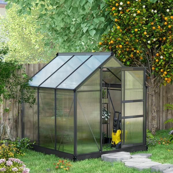 Serre de jardin polycarbonate 3,65 m² serre en aluminium pour le jardin 190 x 192 x 201 cm résistant aux UV, avec fondation renforcé, gouttière, lucarne et porte coulissant, Gris