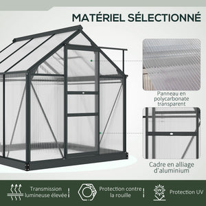 Serre de jardin polycarbonate 3,65 m² serre en aluminium pour le jardin 190 x 192 x 201 cm résistant aux UV, avec fondation renforcé, gouttière, lucarne et porte coulissant, Gris