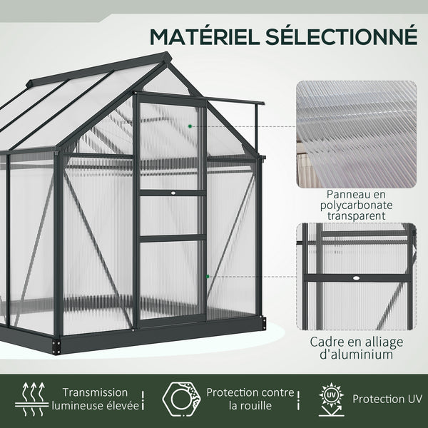 Serre de jardin polycarbonate 3,65 m² serre en aluminium pour le jardin 190 x 192 x 201 cm résistant aux UV, avec fondation renforcé, gouttière, lucarne et porte coulissant, Gris