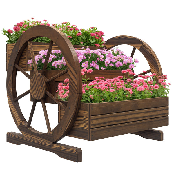 Jardinière sur Pieds carré Potager 3 étages Style Rustique Chic avec 2 roues Charrette Bois Sapin, trous de drainage, dim. 62L x 61l x 57H cm Marron