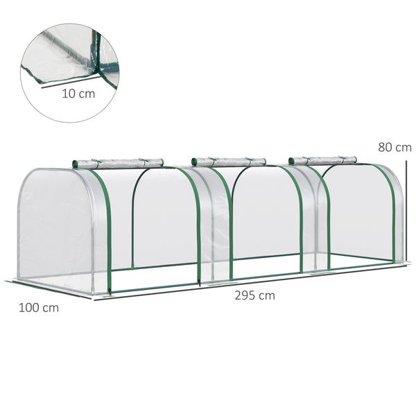 Mini Serre de Jardin mini serre tunnel serre à tomates 3L x 1l x 0,8H m Acier PVC Haute densité Anti-UV 3 fenêtres avec Zip enroulables Vert et Transparent