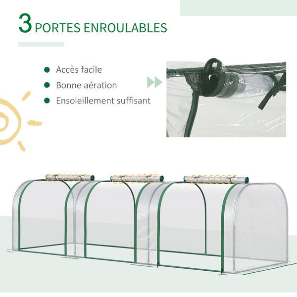 Mini Serre de Jardin mini serre tunnel serre à tomates 3L x 1l x 0,8H m Acier PVC Haute densité Anti-UV 3 fenêtres avec Zip enroulables Vert et Transparent