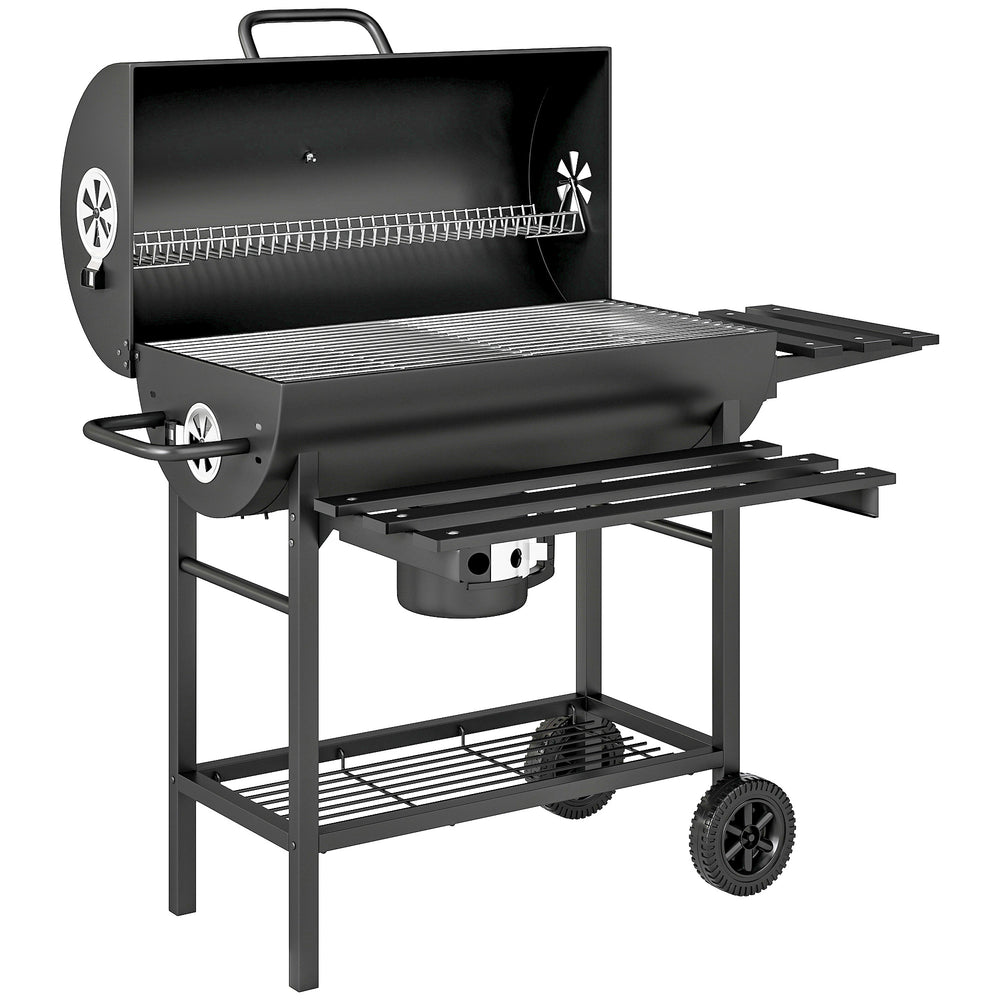 Barbecue charbon de bois avec tablette avant pliable, grand barbecue au charbon de bois avec tablette inférieure, grille de cuisson, couvercle avec thermomètre et 2 roues, noir