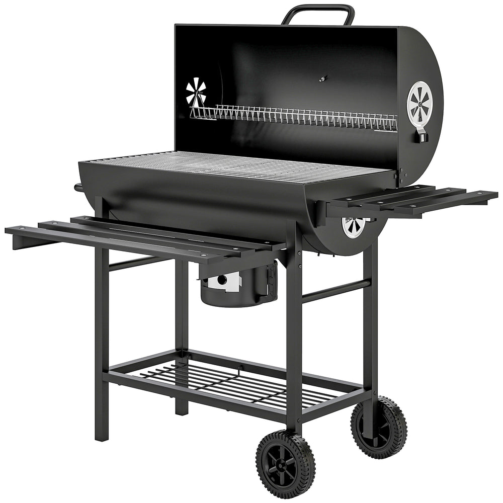 Barbecue charbon de bois avec tablette avant pliable, grand barbecue au charbon de bois avec tablette inférieure, grille de cuisson, couvercle avec thermomètre et 2 roues, noir