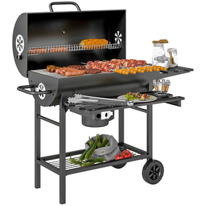 Barbecue charbon de bois avec tablette avant pliable, grand barbecue au charbon de bois avec tablette inférieure, grille de cuisson, couvercle avec thermomètre et 2 roues, noir