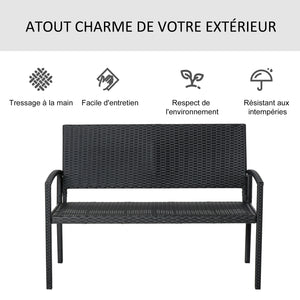 Banc de jardin 2 places style cosy chic résine tressée 4 fils imitation rotin noir