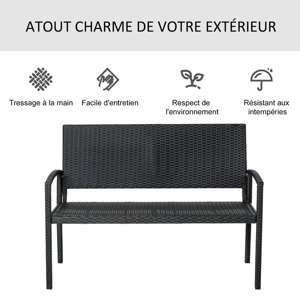 Banc de jardin 2 places style cosy chic résine tressée 4 fils imitation rotin noir