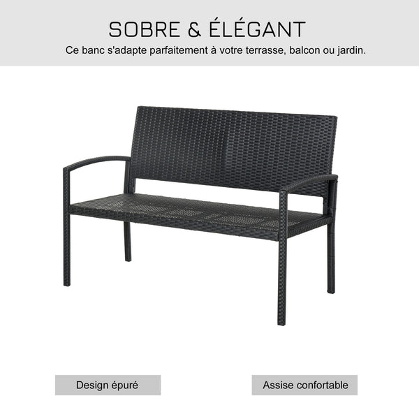 Banc de jardin 2 places style cosy chic résine tressée 4 fils imitation rotin noir