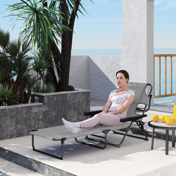 Bain de soleil chaise longue pliante avec appuie-tête, trou de lecture, dossier inclinable en textilène, transat jardin extérieur pour plage relax camping piscine terrasse, gris
