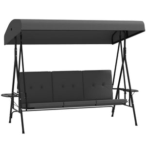 Balancelle de jardin 3 places grand confort inclinaison toit réglable, 2 tablettes latérales, coussins, acier polyester gris foncé
