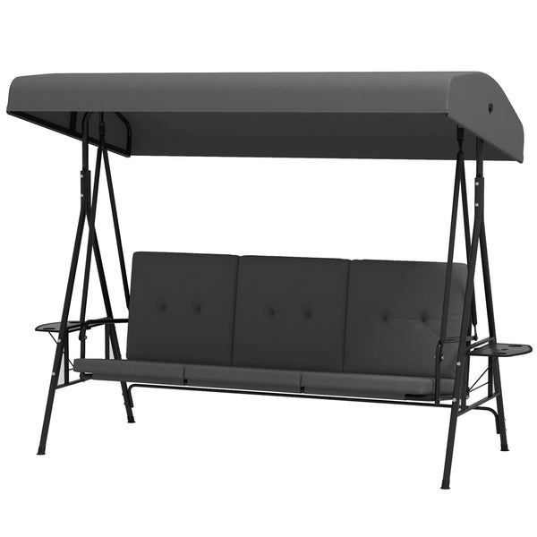 Balancelle de jardin 3 places grand confort inclinaison toit réglable, 2 tablettes latérales, coussins, acier polyester gris foncé