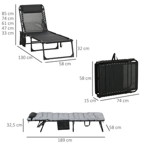 Bain de soleil, chaise longue pliante avec coussin, appuie-tête, poche latérale, textilène, transat jardin extérieur inclinable de plage camping piscine terrasse 58 x 189 x 32,5 cm gris clair