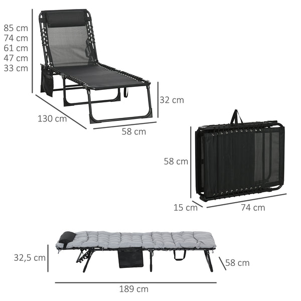 Bain de soleil, chaise longue pliante avec coussin, appuie-tête, poche latérale, textilène, transat jardin extérieur inclinable de plage camping piscine terrasse 58 x 189 x 32,5 cm gris clair