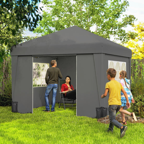 Tonnelle de jardin pop-up pliante tonnelle barnum tente de réception 3 x 3 m anti-UV 30 + avec fenêtres parois latérales sac de transport sacs de sable gris foncé
