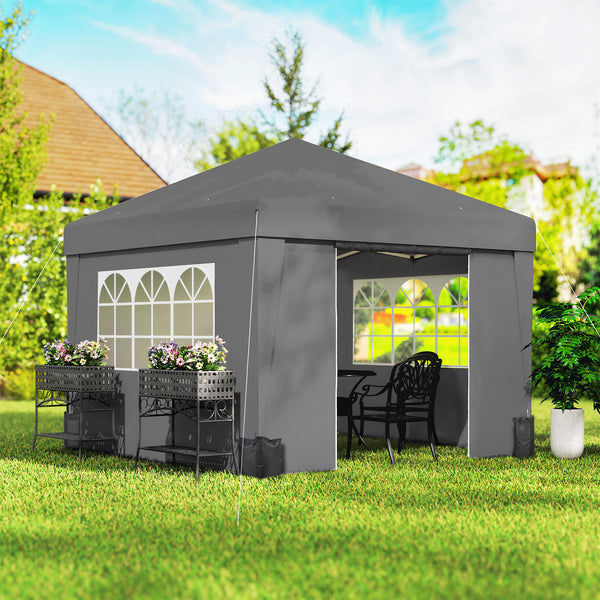 Tonnelle de jardin pop-up pliante tonnelle barnum tente de réception 3 x 3 m anti-UV 30 + avec fenêtres parois latérales sac de transport sacs de sable gris foncé